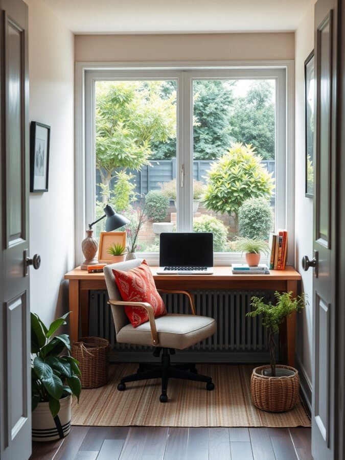 A cozy home office nook by the window with a desk, chair, and plants.