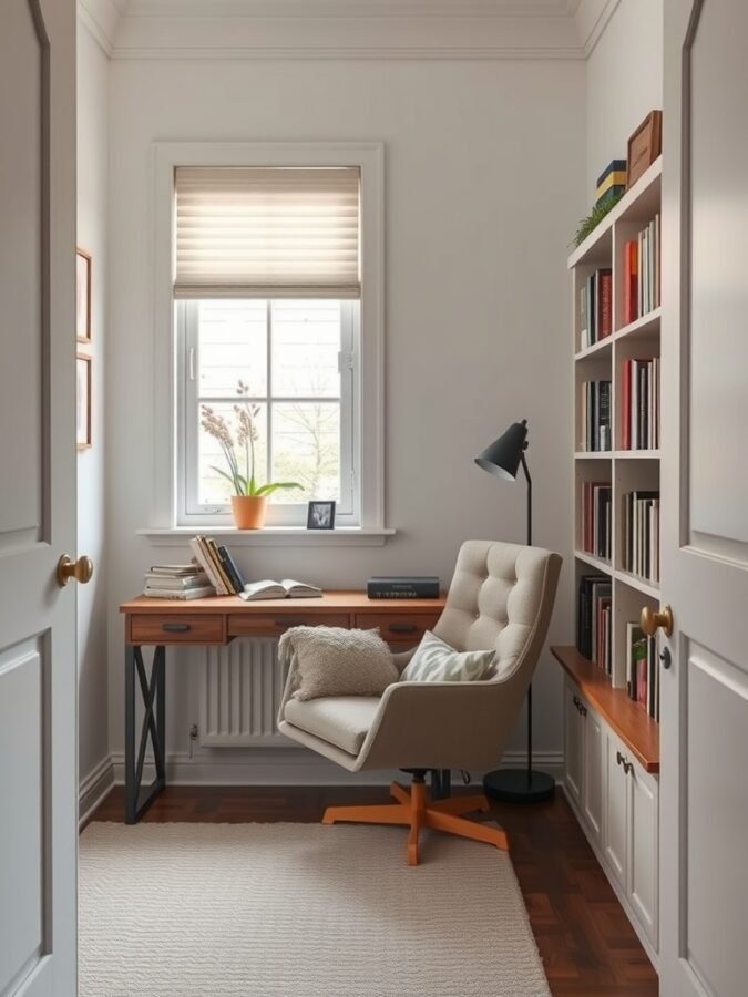 A cozy home office nook with a comfortable chair, desk, and bookshelves, featuring natural light from a window.