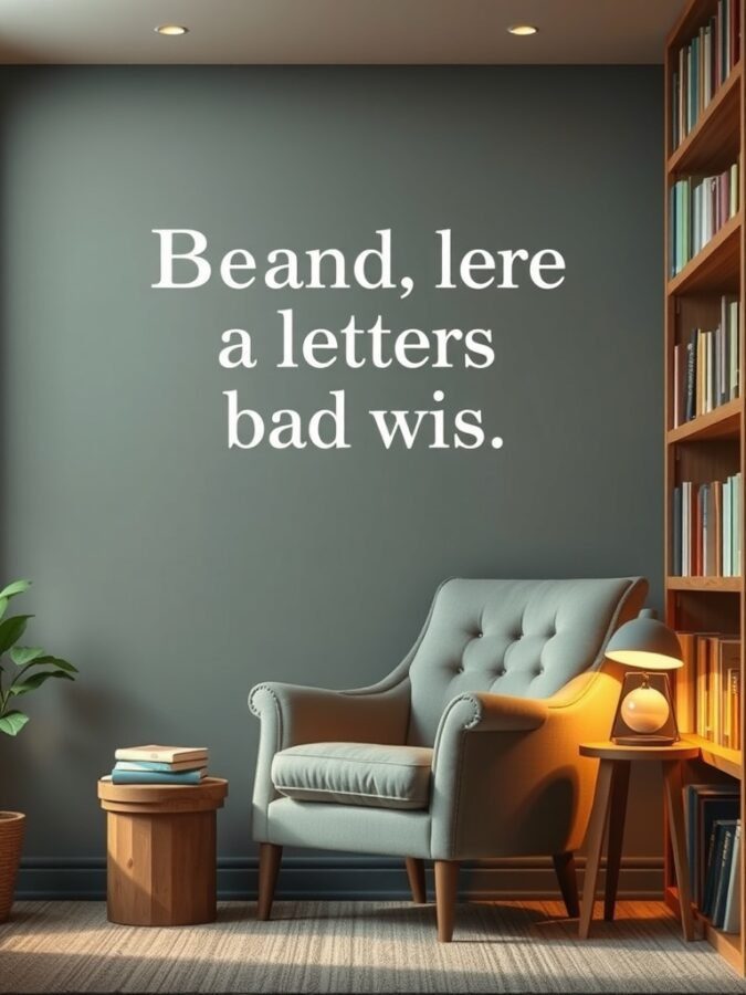 A cozy reading nook with a comfortable chair, warm lighting, and bookshelves.