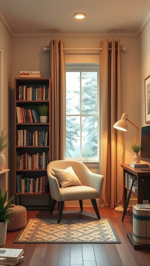 19 Inspiring Home Office Ideas You Need to Try 7 A cozy reading nook with a comfortable chair, bookshelf, and soft lighting.