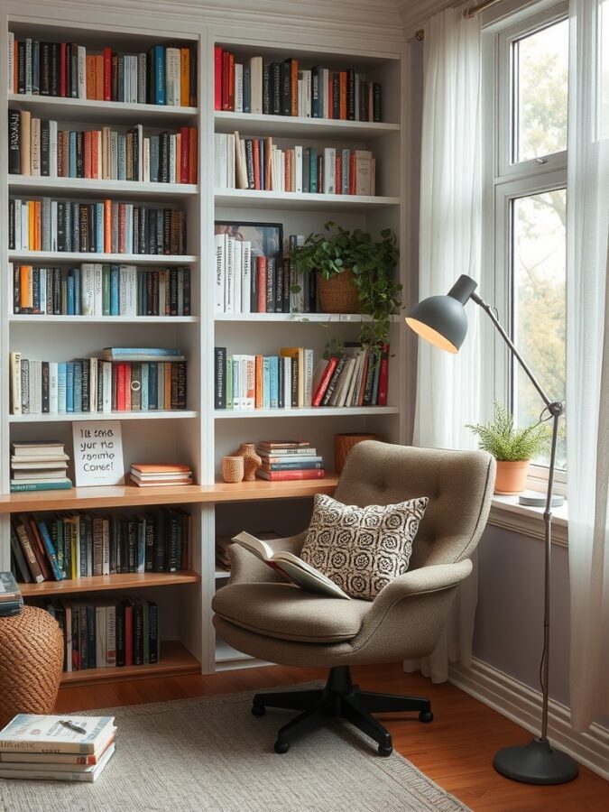 Cozy reading nook with a comfortable chair, bookshelf filled with books, and warm lighting