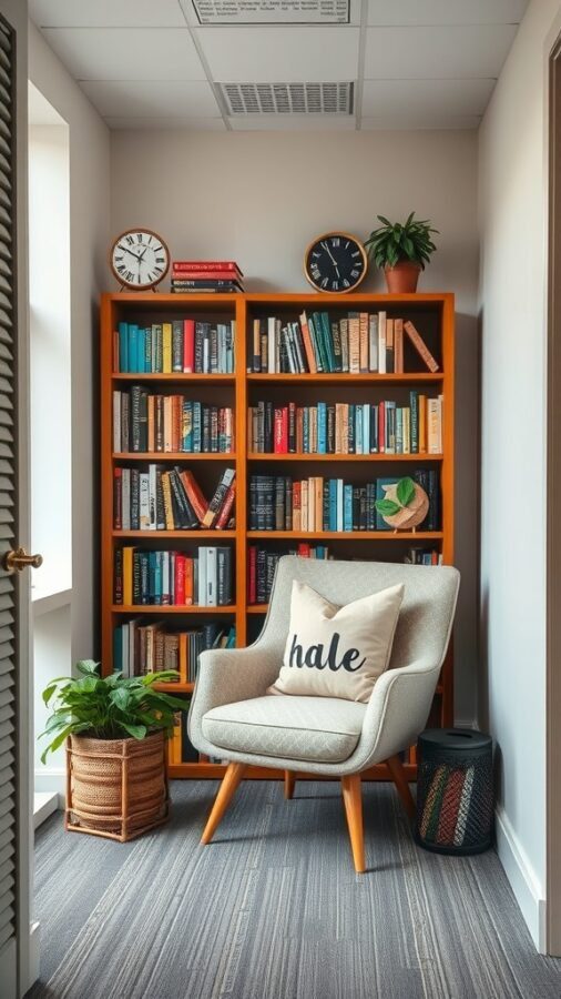 23 Creative Home Office Ideas for Shared Workspaces 11 A cozy reading nook with a comfortable chair, a bookshelf filled with colorful books, and a potted plant.