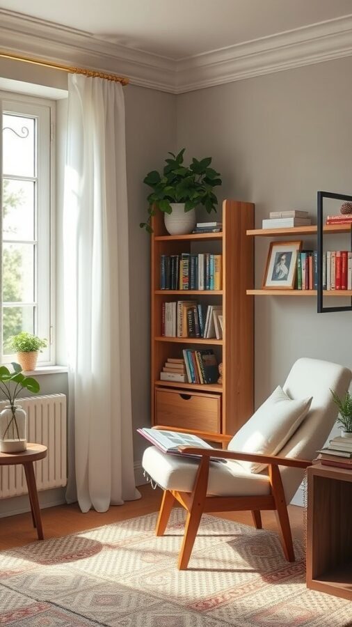 21 Creative Home Office Ideas to Boost Your Productivity 5 A cozy reading nook with a comfortable chair, a wooden bookshelf filled with books, and potted plants, illuminated by natural light.