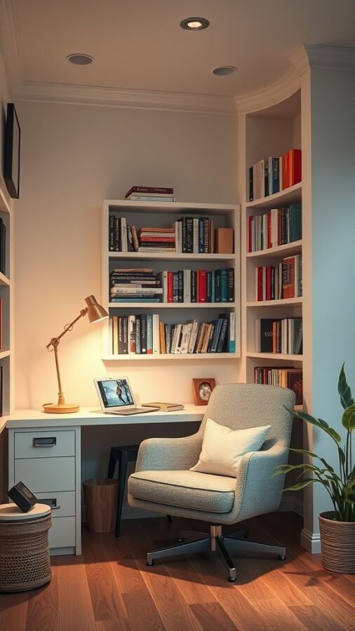 Cozy reading nook office with bookshelves, a desk, and a comfortable chair