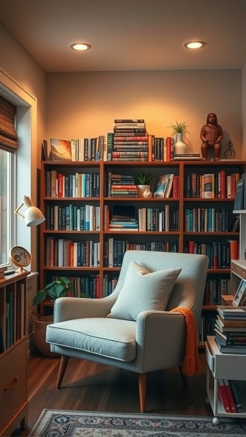 A cozy reading nook office featuring a comfortable chair, a bookshelf filled with books, and warm lighting.