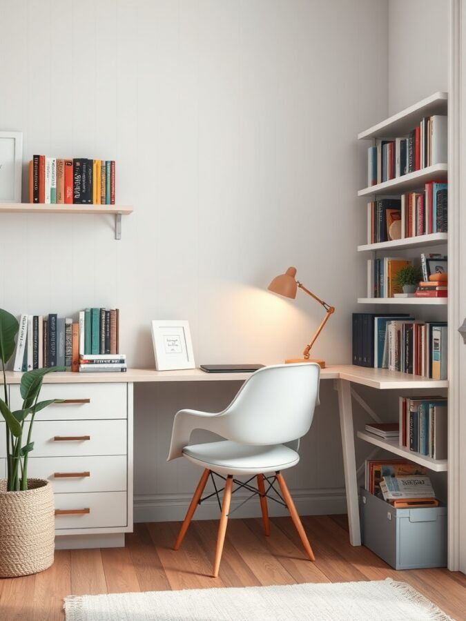 A cozy reading nook featuring a desk, bookshelves, and a comfortable chair.
