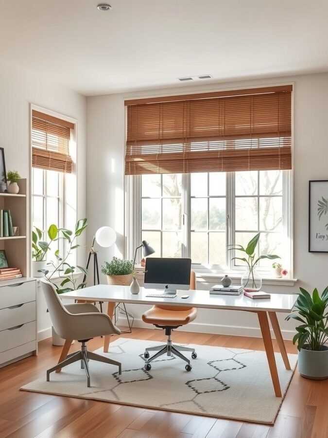 A calm home office with large windows, plants, and a simple desk setup.