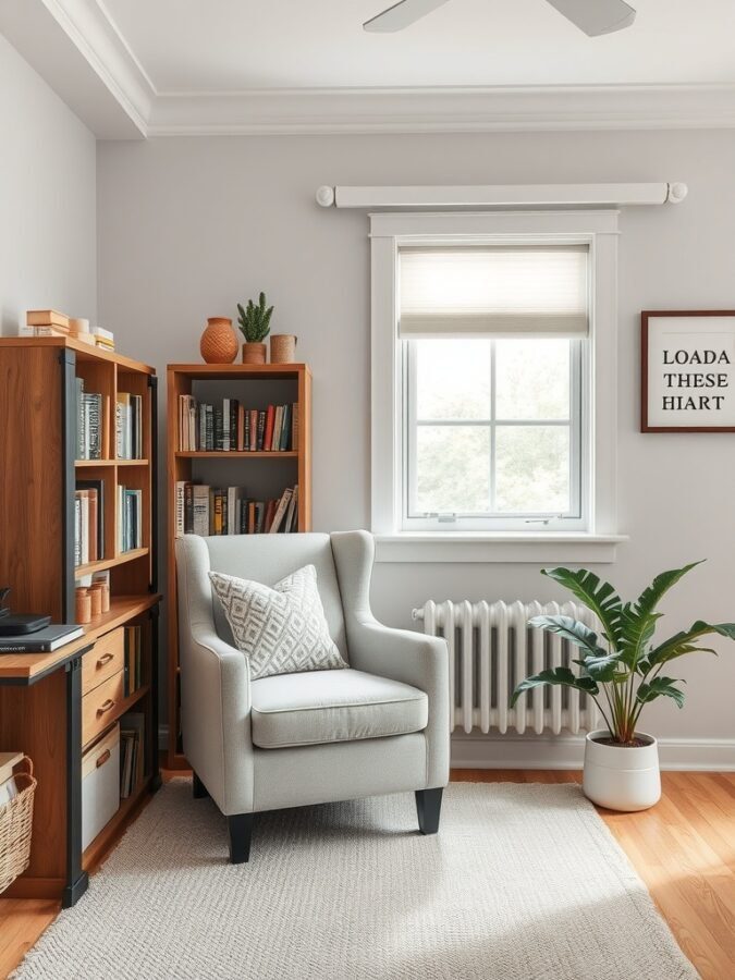A cozy reading nook featuring a light gray armchair, a bookshelf filled with books, a window with natural light, and a small plant.