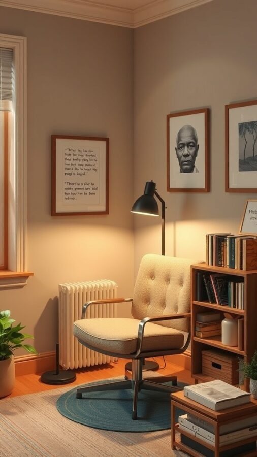 A cozy reading nook with a stylish chair, warm lighting, bookshelves, and artwork.
