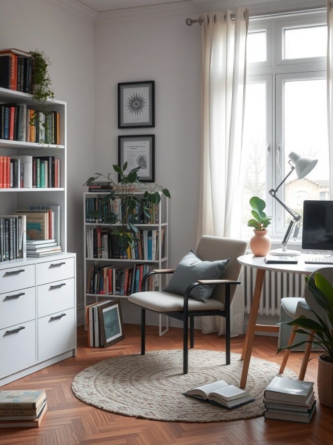 A cozy reading nook with a comfortable chair, a small table, and a well-stocked bookshelf, surrounded by plants and natural light.
