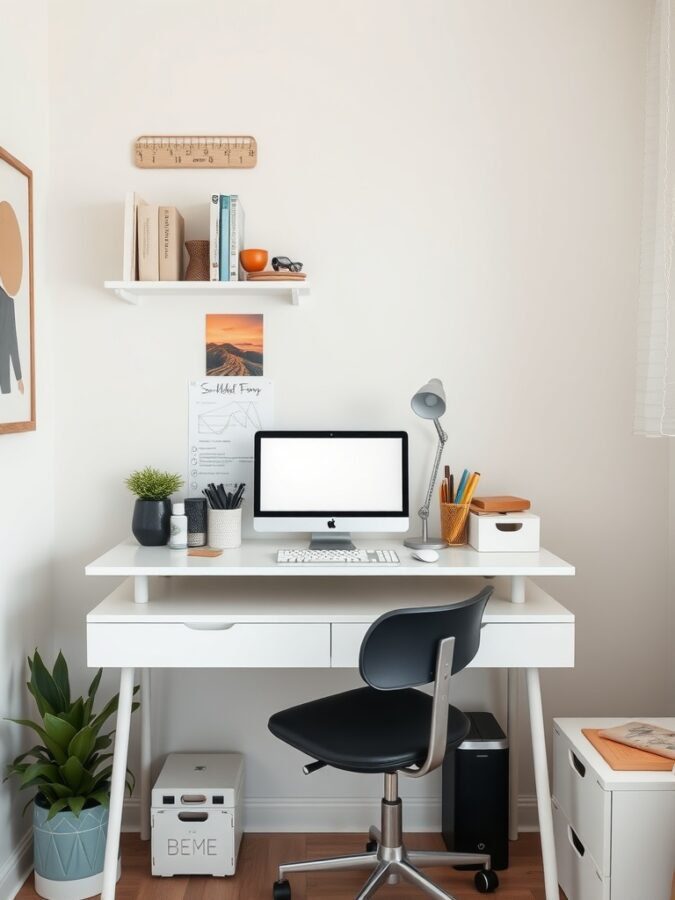 A modern wall-mounted desk setup with an Apple computer, a lamp, and decorative items on a shelf.