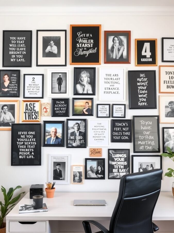 A gallery wall with various framed quotes and photos in a home office setting.