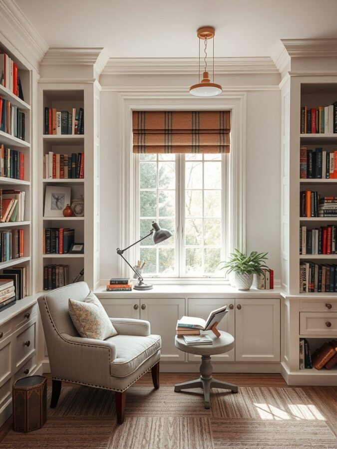 25 Smart Storage Solutions for a Stylish Home Office 21 Cozy reading nook with built-in bookshelves, a comfortable chair, and a small table.