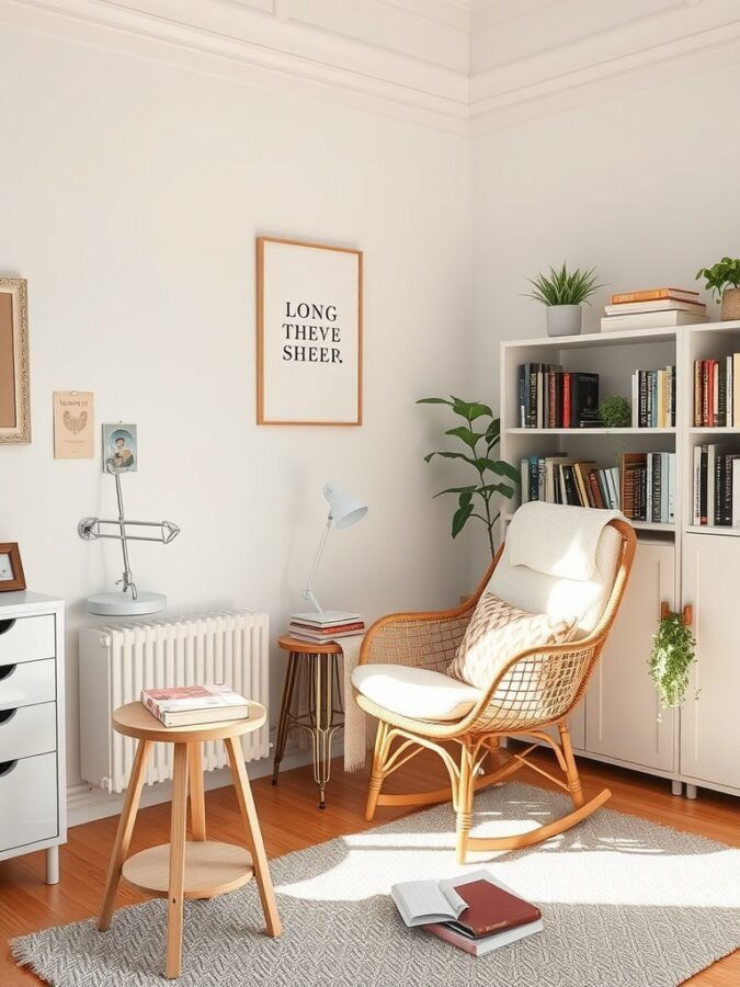 A cozy relaxation corner in a home office featuring a rocking chair, side table with books, and a bookshelf with plants.
