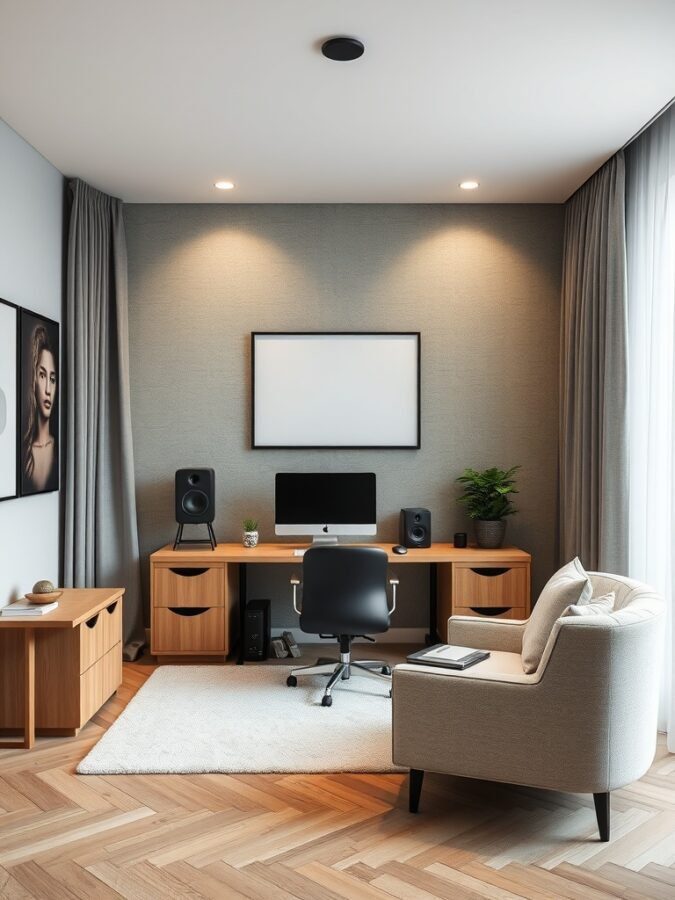 A modern home office with soundproofing elements, featuring a desk, chair, and decorative plants.