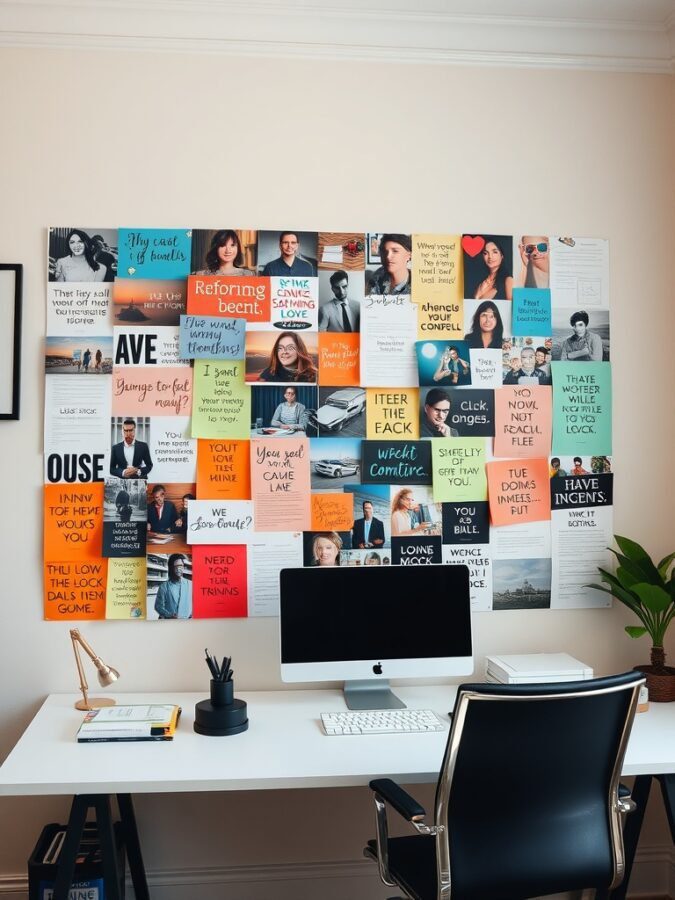 A colorful vision board filled with notes, quotes, and images on a wall in a home office.