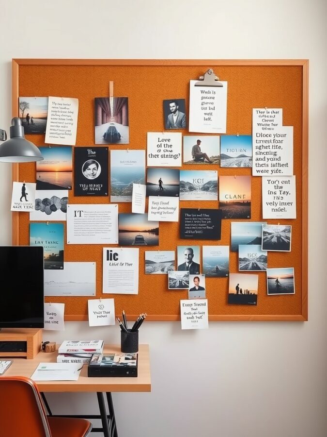 A corkboard filled with inspiring quotes, photographs, and notes for goal setting.