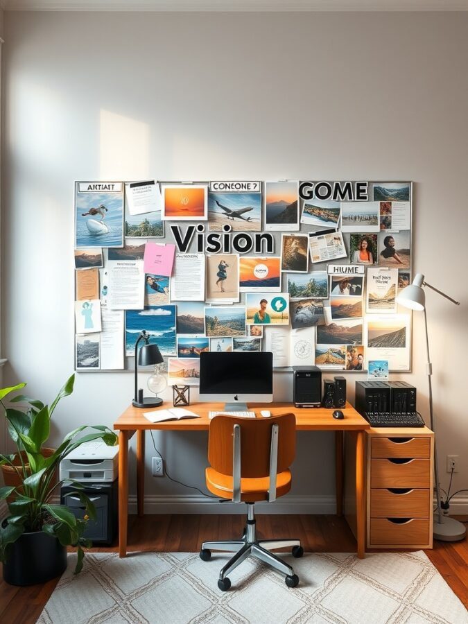 A cozy home office with a vision board filled with images and quotes, showcasing creativity and goal setting.