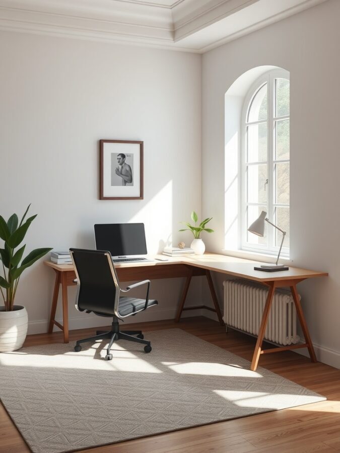 A bright and minimalistic home office with a desk, chair, plants, and natural light.