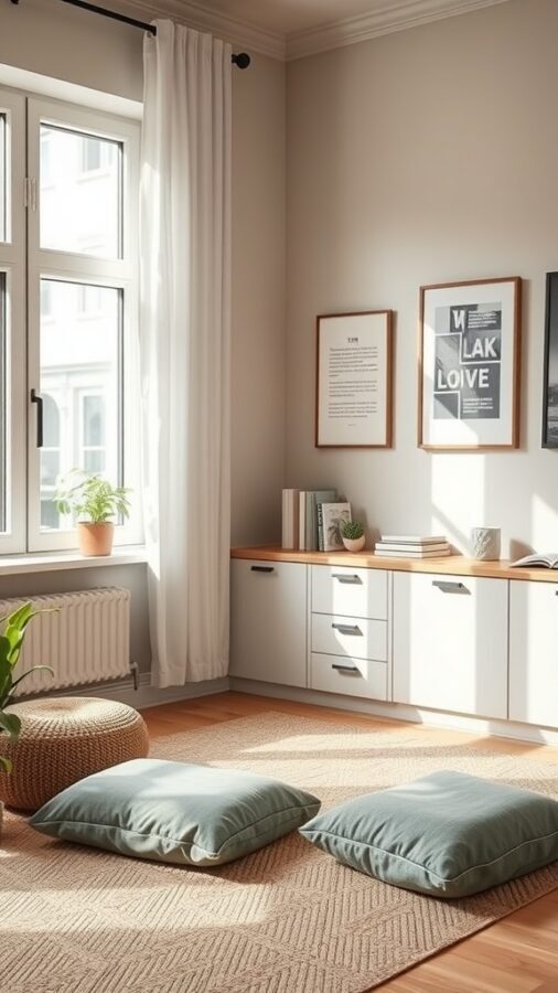 21 Creative Home Office Ideas to Boost Your Productivity 21 A serene home office space with large windows, floor cushions, and plants, designed for mindfulness.