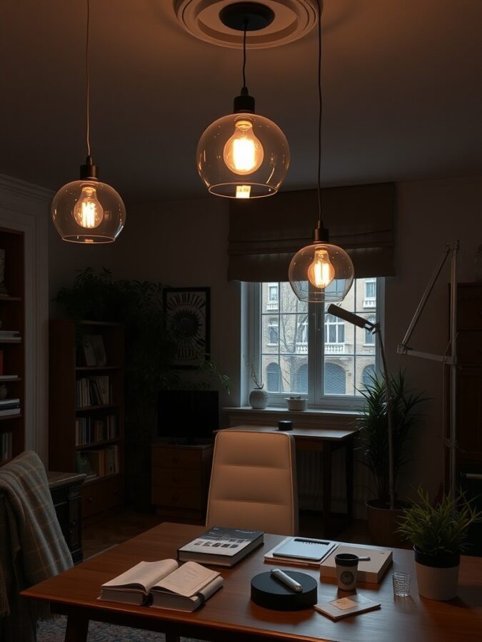 A cozy home office with three stylish pendant lights hanging above a wooden desk, creating a warm and inviting atmosphere.