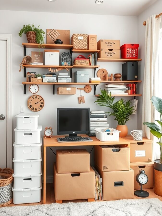 A well-organized home office with creative storage solutions, featuring shelves filled with boxes and plants, a desk with a computer, and decorative items.