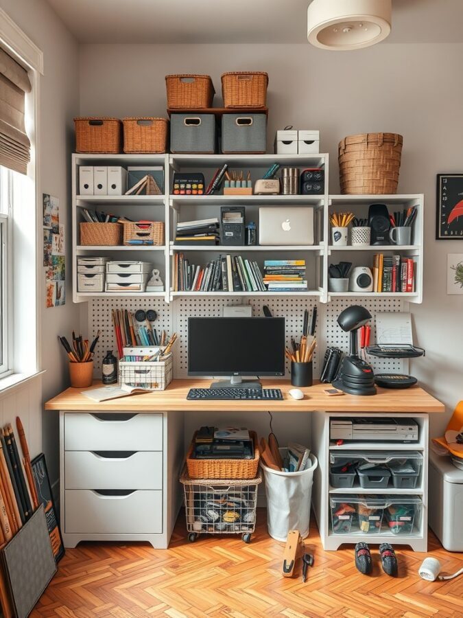 A well-organized home office with shelves filled with baskets and boxes, a desk with a computer, and various tools neatly arranged.