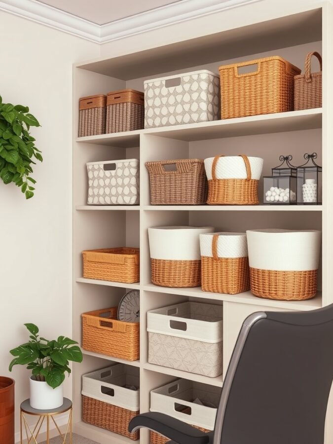 25 Smart Storage Solutions for a Stylish Home Office 5 A well-organized home office shelf with various baskets and bins for storage.