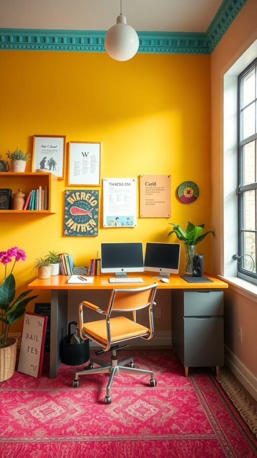 19 Inspiring Home Office Ideas You Need to Try 6 A vibrant home office with yellow walls, teal accents, and a stylish desk.