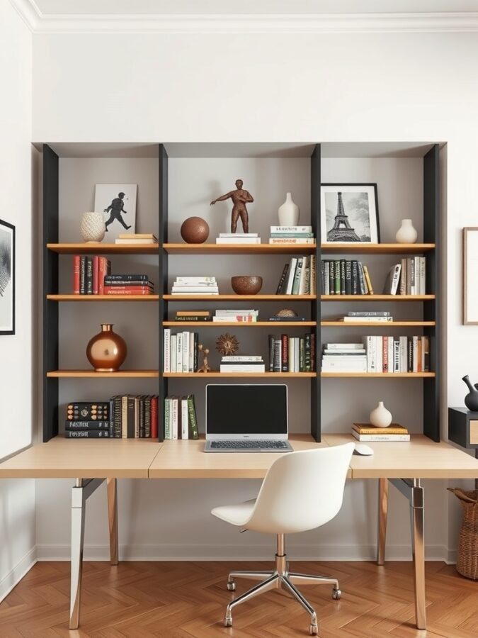 A modern home office featuring a stylish desk and a creative shelving unit filled with books and decorative items.