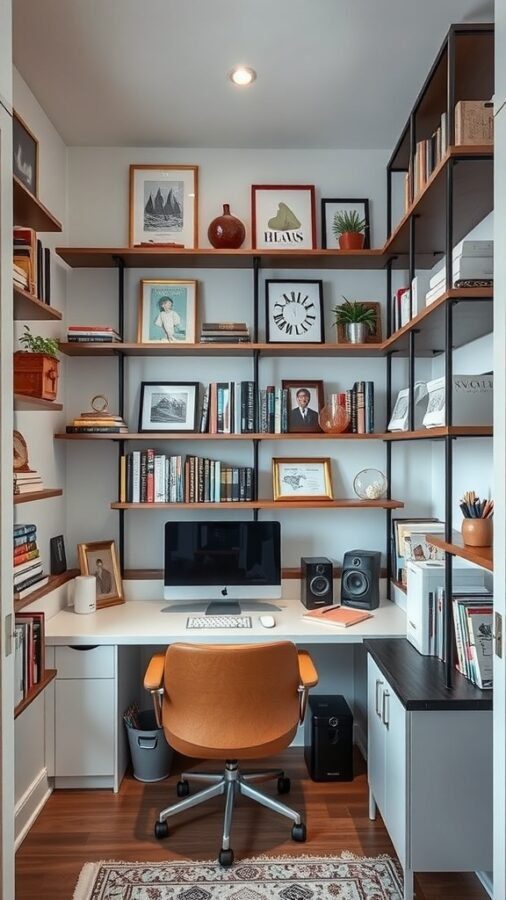 21 Creative Home Office Ideas to Boost Your Productivity 4 A stylish home office with creative shelving, featuring books, decorative items, and a computer desk.