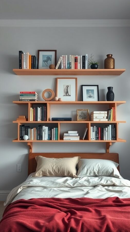 A cozy bed with a stylish shelving unit above, filled with books and decorative items.