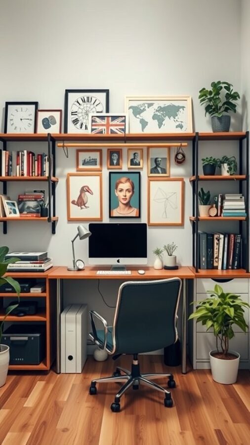 23 Creative Home Office Ideas for Shared Workspaces 7 A stylish home office with shelves displaying books, plants, and framed art, featuring a desk with a computer and a comfortable chair.
