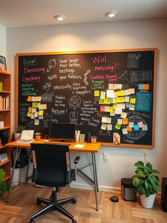 A creative home office featuring a chalkboard filled with colorful notes and doodles, a wooden desk, and a chair.