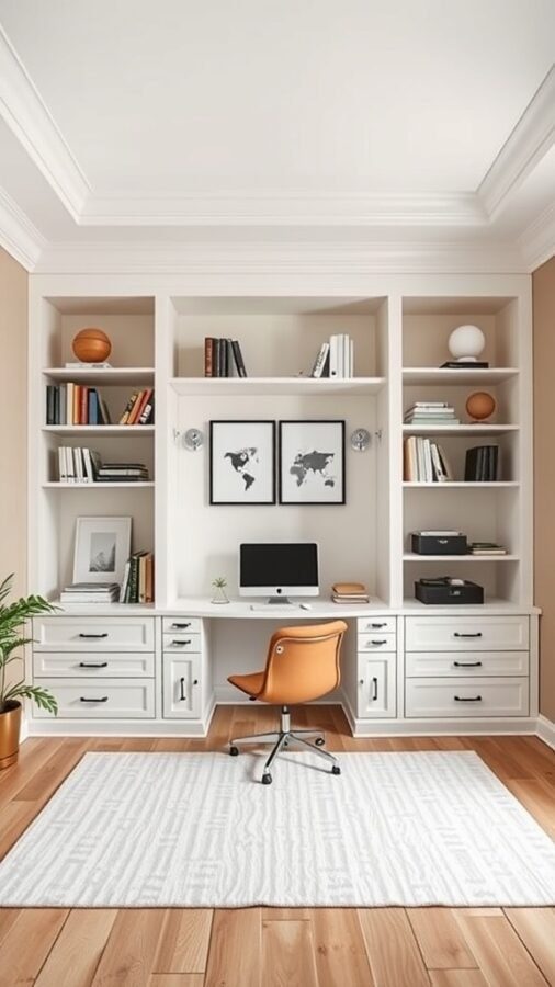 A modern home office with built-in shelves, a desk, and an orange chair.