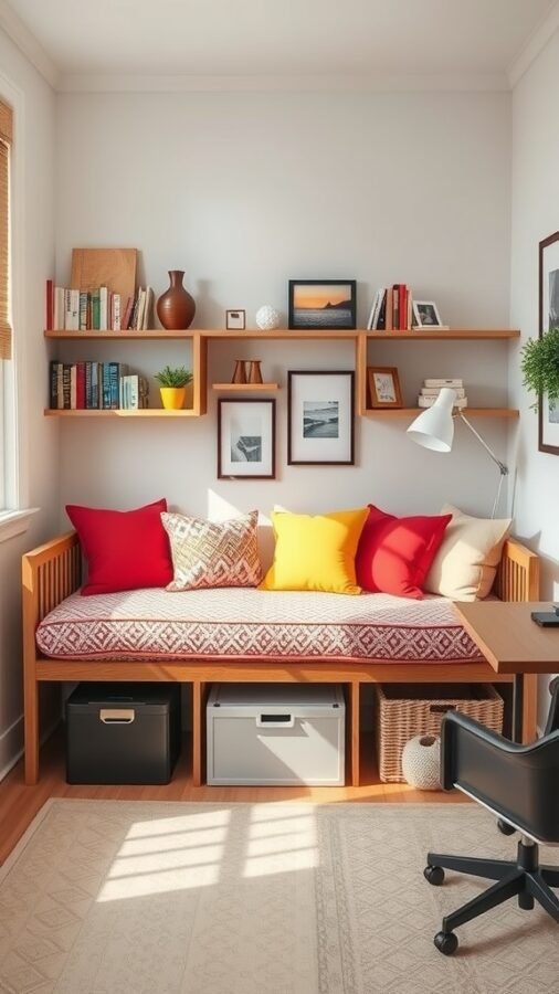 A cozy home office featuring a stylish daybed with colorful cushions and built-in storage, surrounded by shelves of books and decor.