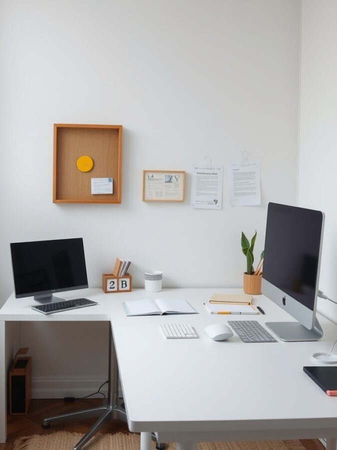 A tidy home office with two desks, a monitor, a laptop, a plant, and a bulletin board.
