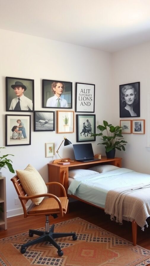 A cozy home office with decorative wall art, featuring framed portraits and plants, designed to double as a guest room.