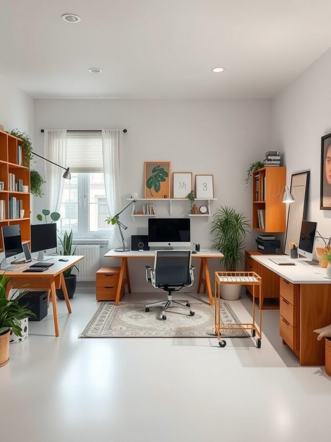 A bright and organized home office with multiple workstations, plants, and natural light.