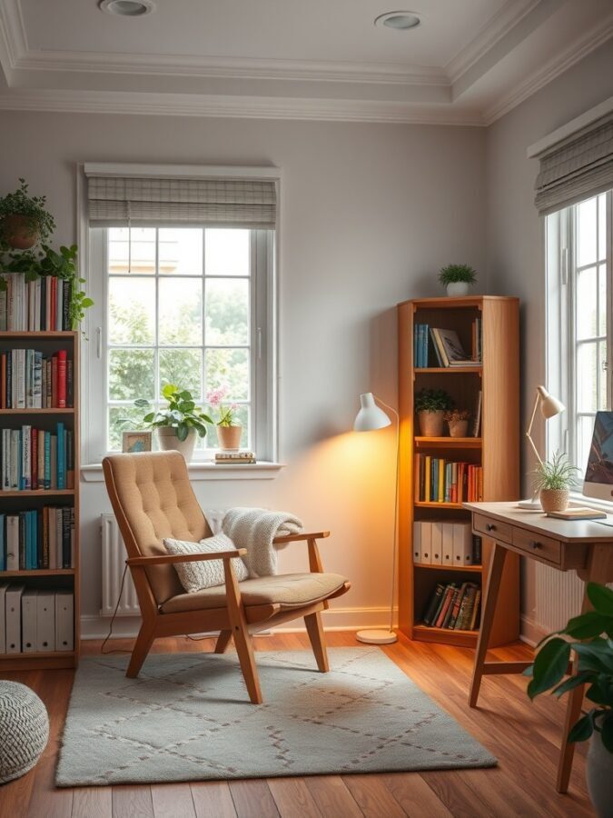 A cozy reading nook featuring a comfortable chair, bookshelves, warm lighting, and a plant by the window.
