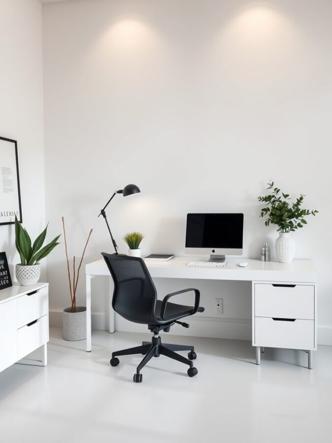 A minimalist home office featuring a white desk, black chair, computer, and plants.