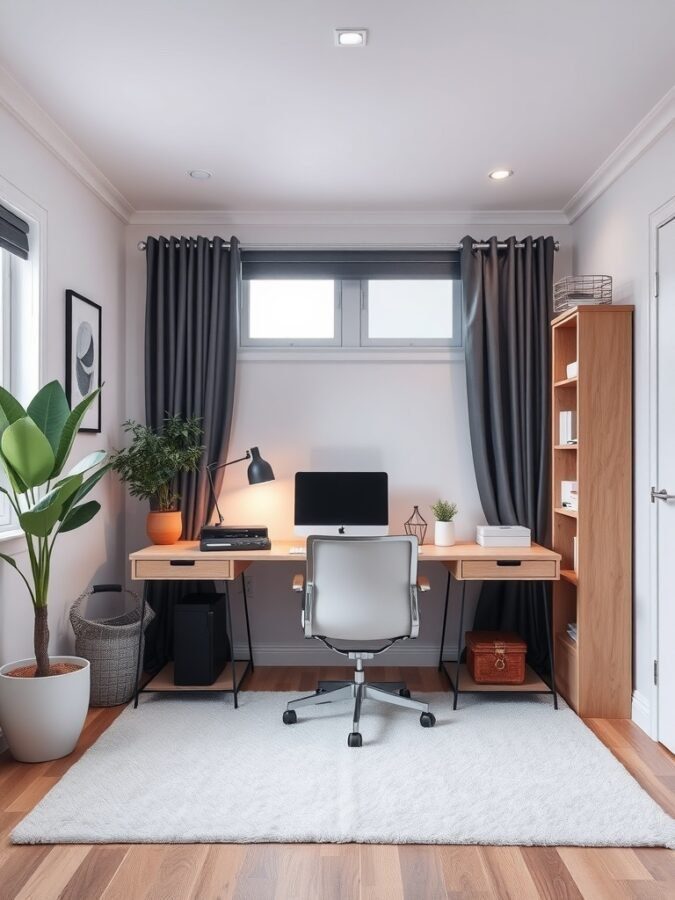 A minimalist home office with a desk, chair, plants, and soft lighting, designed for mindfulness.