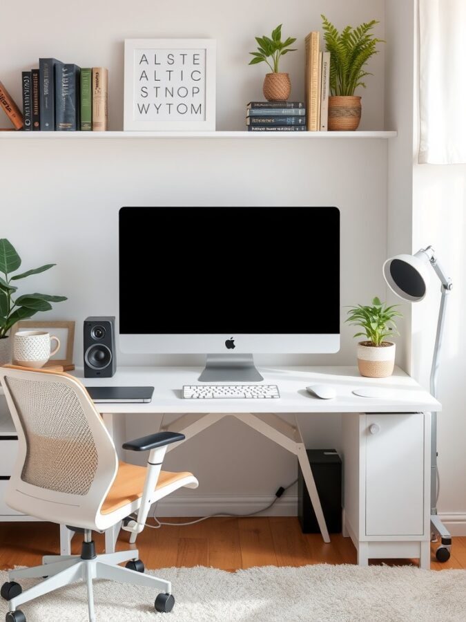 A modern home office setup featuring a desk with a computer, ergonomic chair, plants, and books.