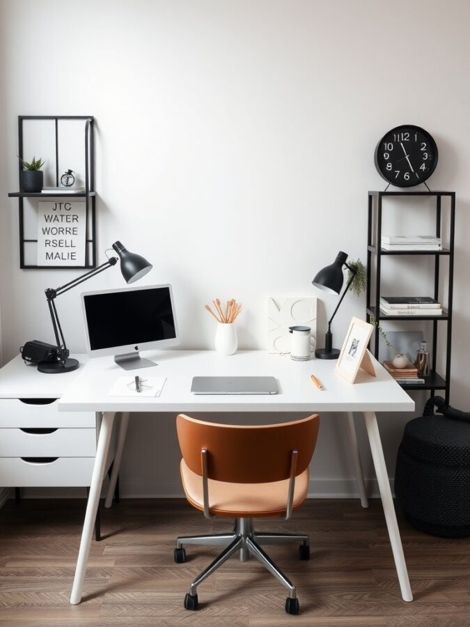 25 Smart Storage Solutions for a Stylish Home Office 24 A modern home office desk with storage features, including shelves, a lamp, and an orange chair.