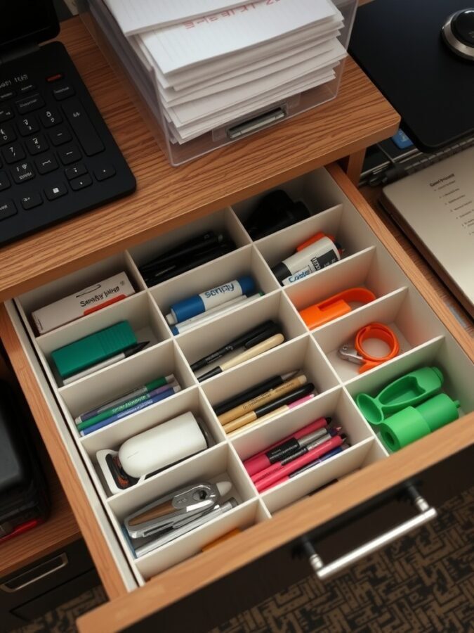 25 Smart Storage Solutions for a Stylish Home Office 14 An organized desk drawer with dividers separating various office supplies like pens, markers, and tape.