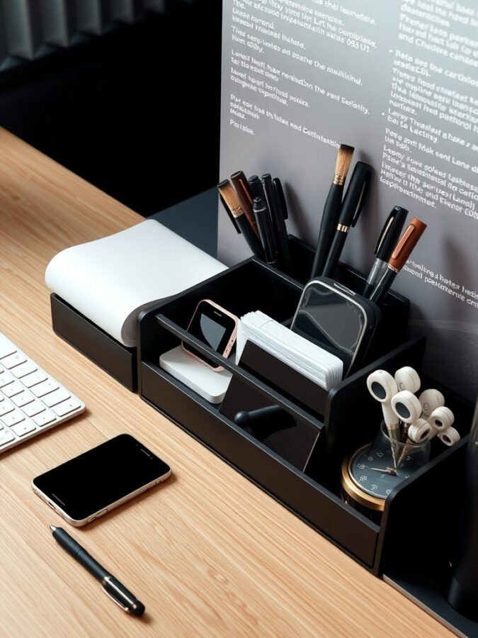 25 Smart Storage Solutions for a Stylish Home Office 6 A stylish desk organizer with pens, a notepad, and a phone on a wooden desk.