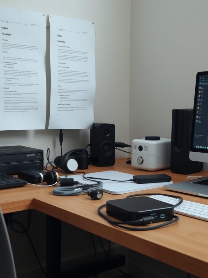 A cluttered home office desk with various cables and devices.