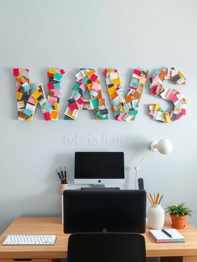 Colorful DIY wall art spelling 'WAVS' made from fabric swatches, displayed above a desk with a computer.