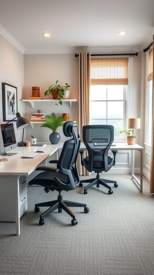 23 Creative Home Office Ideas for Shared Workspaces 6 A bright home office featuring two ergonomic desks and chairs, with plants and natural light.