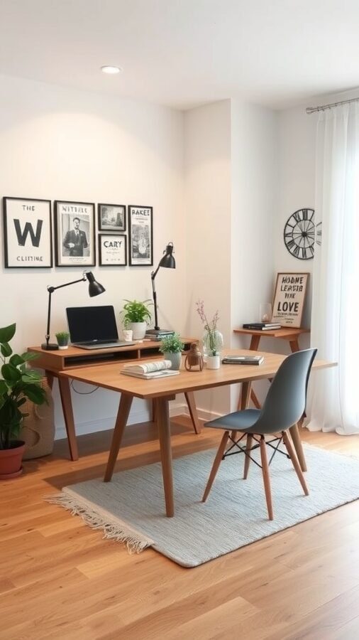 19 Inspiring Home Office Ideas You Need to Try 5 A modern home office setup featuring a wooden desk, a chair, and decorative elements.